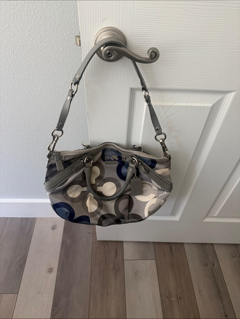 Coach Circle Print Shoulder Bag in Gray and Navy